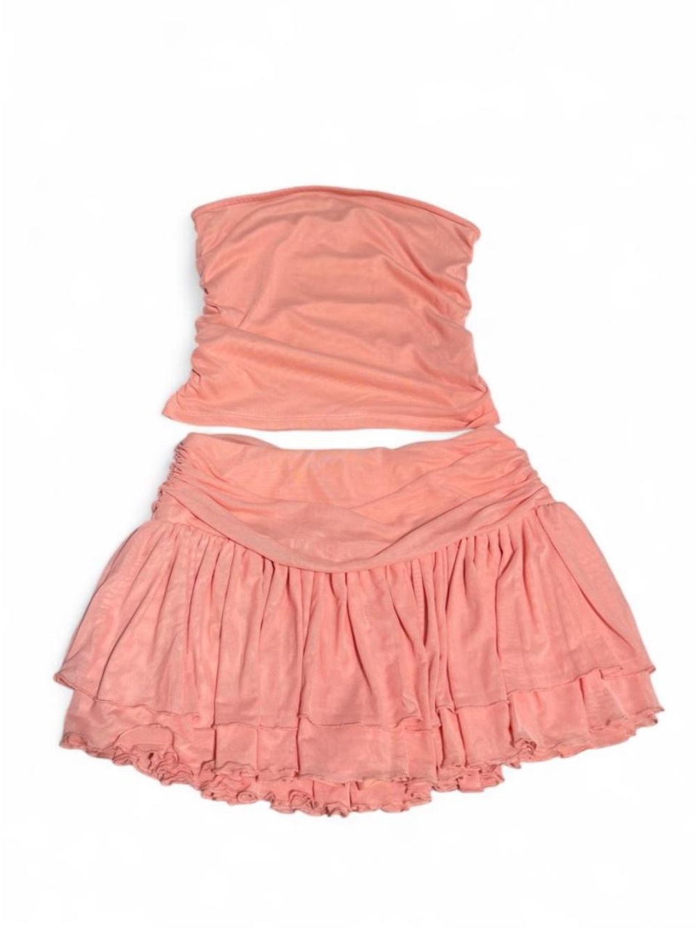 Peach Pink Ruched Mini Skirt Set